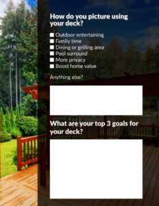 Deck Planning Guide - Page 3 - Tiger Shark Marketing Deck Planning Guide. Page 3 of 10. Requests the reader to list goals and motivations for building a deck.