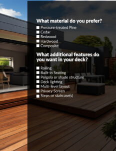 Deck Planning Guide - Page 7 - Tiger Shark Marketing Deck Planning Guide. Page 7 of 10. Requests the reader to choose the type of material they prefer as well as add-ons.