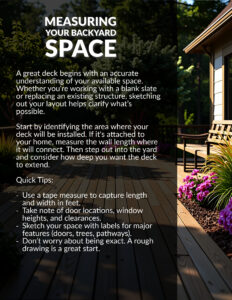 Deck Planning Guide - Page 8 - Tiger Shark Marketing Deck Planning Guide. Page 8 of 10. Titled "Measuring Your Backyard Space".